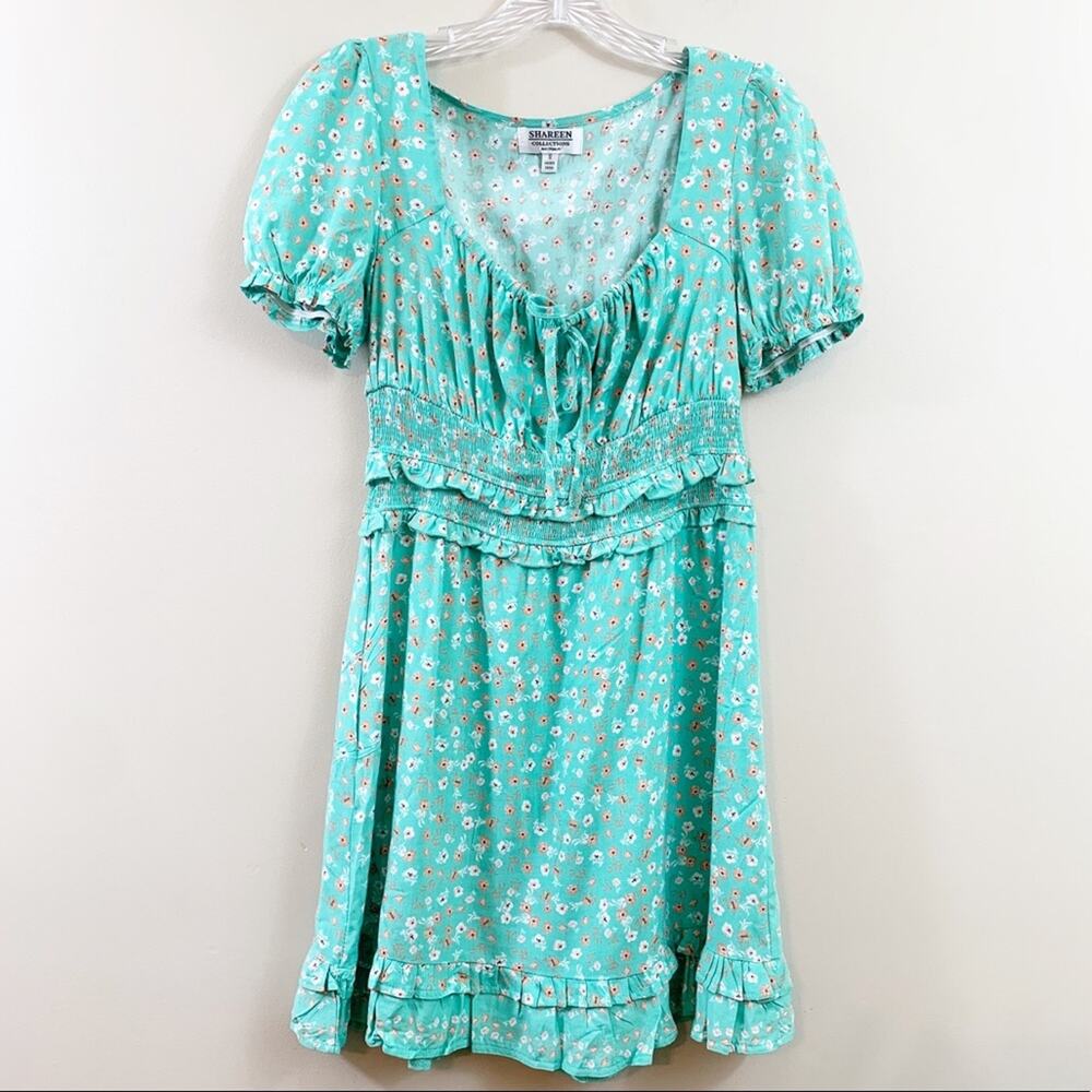Shareen Collections Floral Ruffle Short Sleeve Green/Orange Fit & Flare Dress